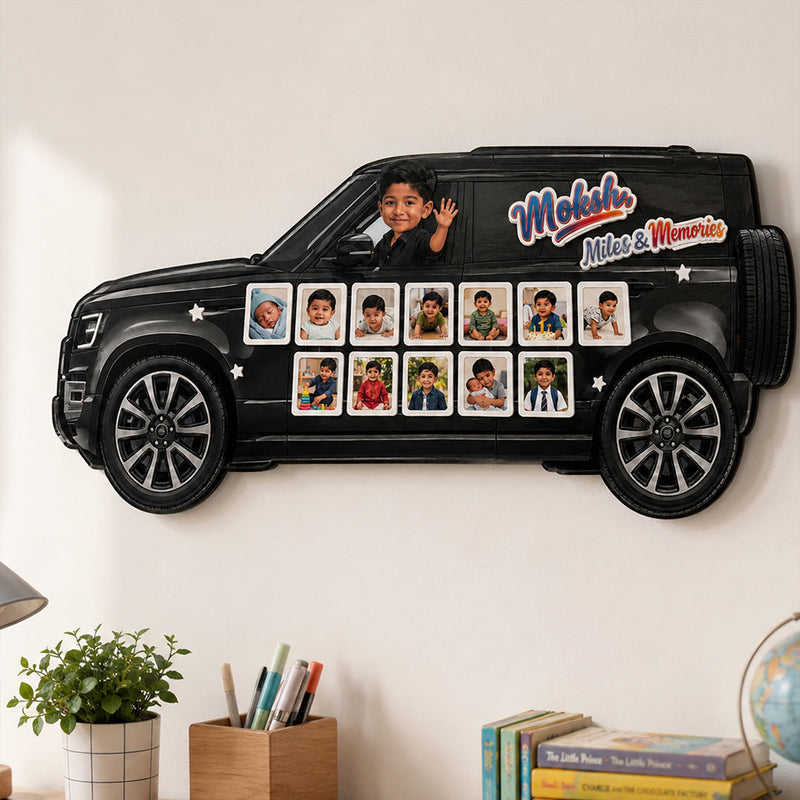 Personalized Baby Defender Car Photo Collage Wall Décor 12×24" | Custom Name & 13 Photo Kids Wall Frame | Love Craft Gifts™