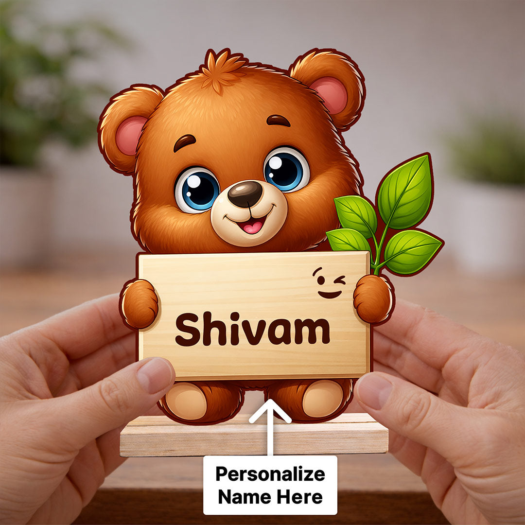 Personalized Cute Teddy Name Stand 6x6 Inch – Custom Wooden Cartoon Table Decor Gift | Love Craft Gifts™