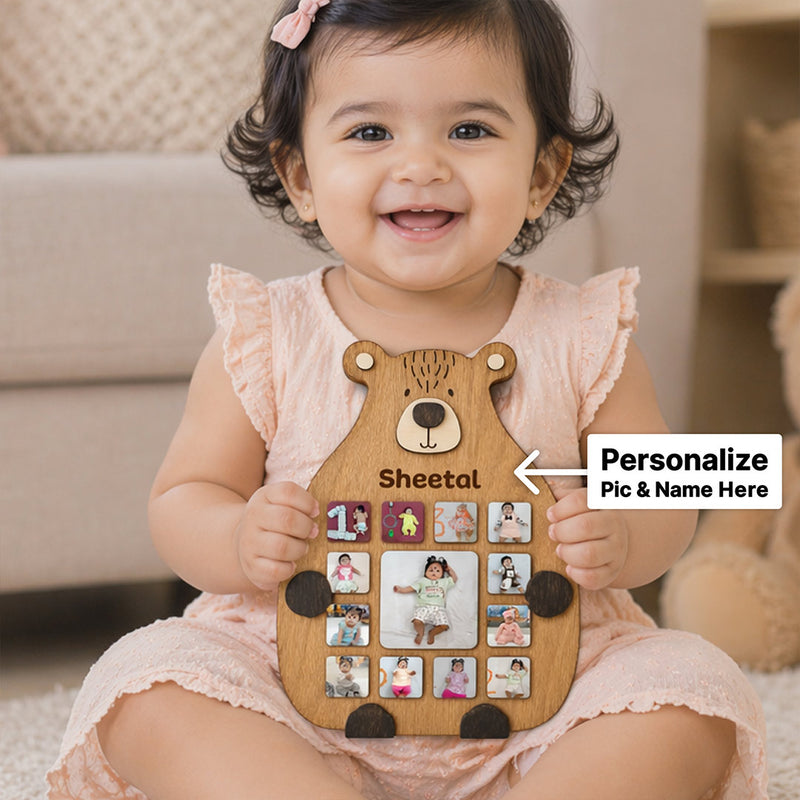 Personalized Teddy Baby Monthly Photo Frame – Custom Name 12 Month Milestone Wooden Wall Frame (11x16 Inch) | Love Craft Gifts™