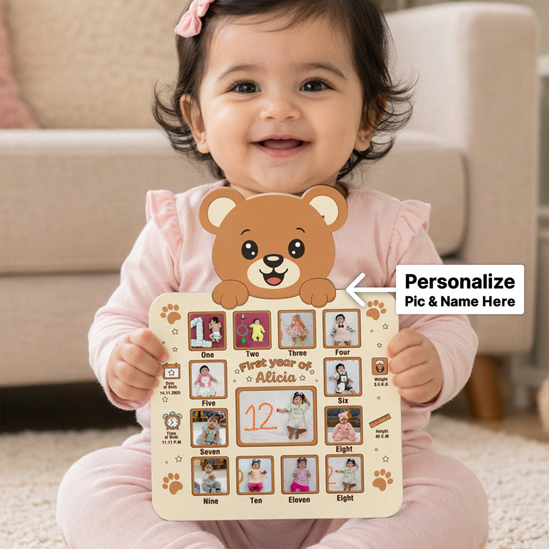 Personalized Baby First Year Photo Frame with Teddy Design – Custom Monthly Milestone Collage Wall Frame (11x15 Inch) | Love Craft Gifts™
