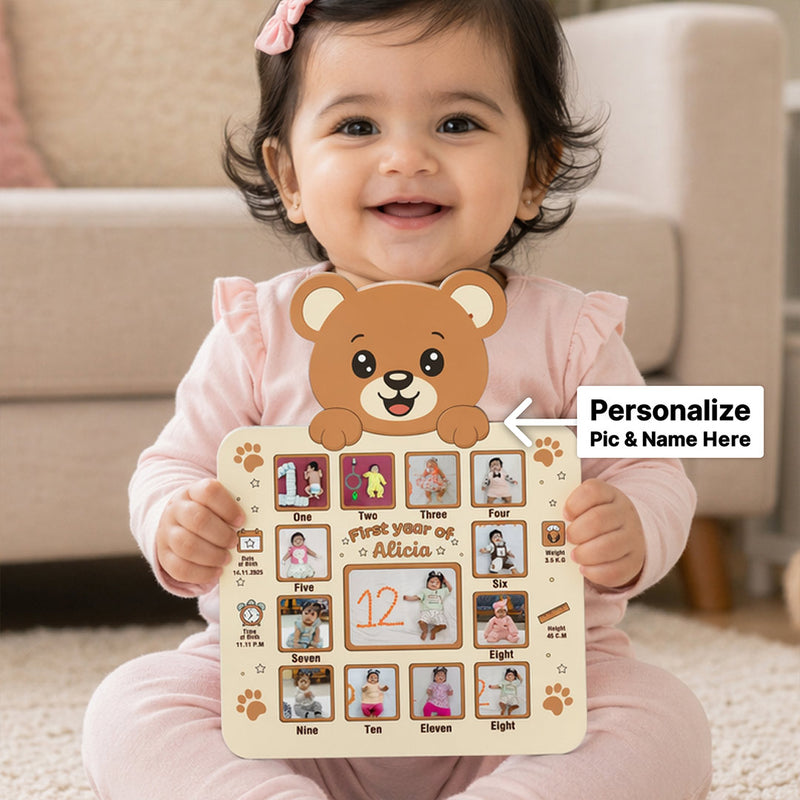 Personalized Baby First Year Photo Frame with Teddy Design – Custom Monthly Milestone Collage Wall Frame (11x15 Inch) | Love Craft Gifts™