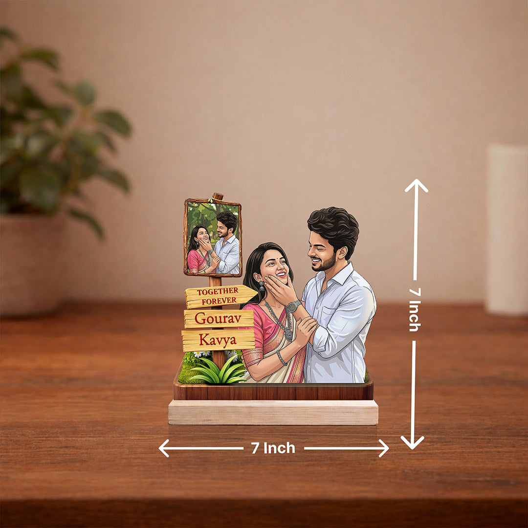 Personalized Couple Cartoon Wooden Table Stand – “Together Forever” Custom Photo & Name Stand (7x7 Inch) Romantic Gift for Boyfriend, Girlfriend & Anniversary | Love Craft Gifts