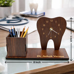 Personalized Dentist Tooth Wooden Table Organizer with Clock & Pen Holder (8x5 Inch) – Custom Name Desk Stand Gift for Doctor, Dentist Clinic Décor | Love Craft Gifts