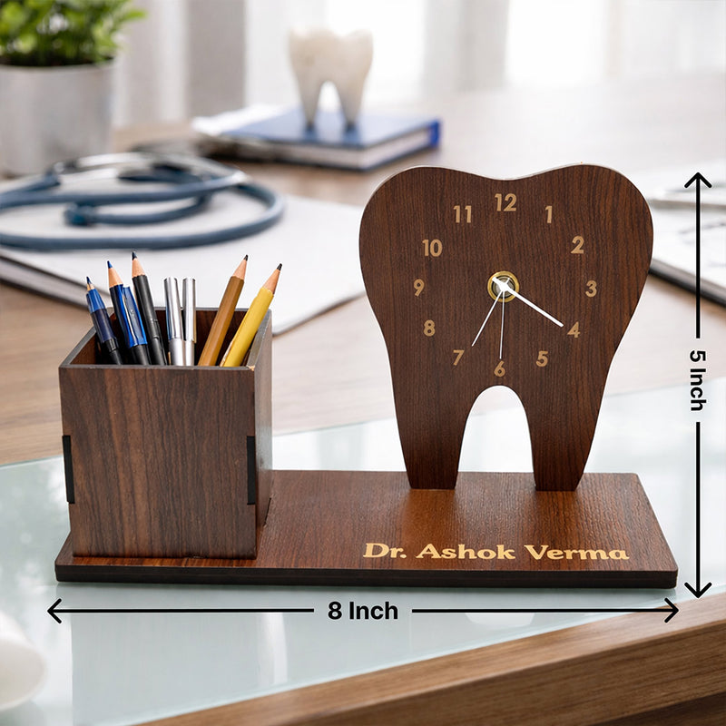 Personalized Dentist Tooth Wooden Table Organizer with Clock & Pen Holder (8x5 Inch) – Custom Name Desk Stand Gift for Doctor, Dentist Clinic Décor | Love Craft Gifts