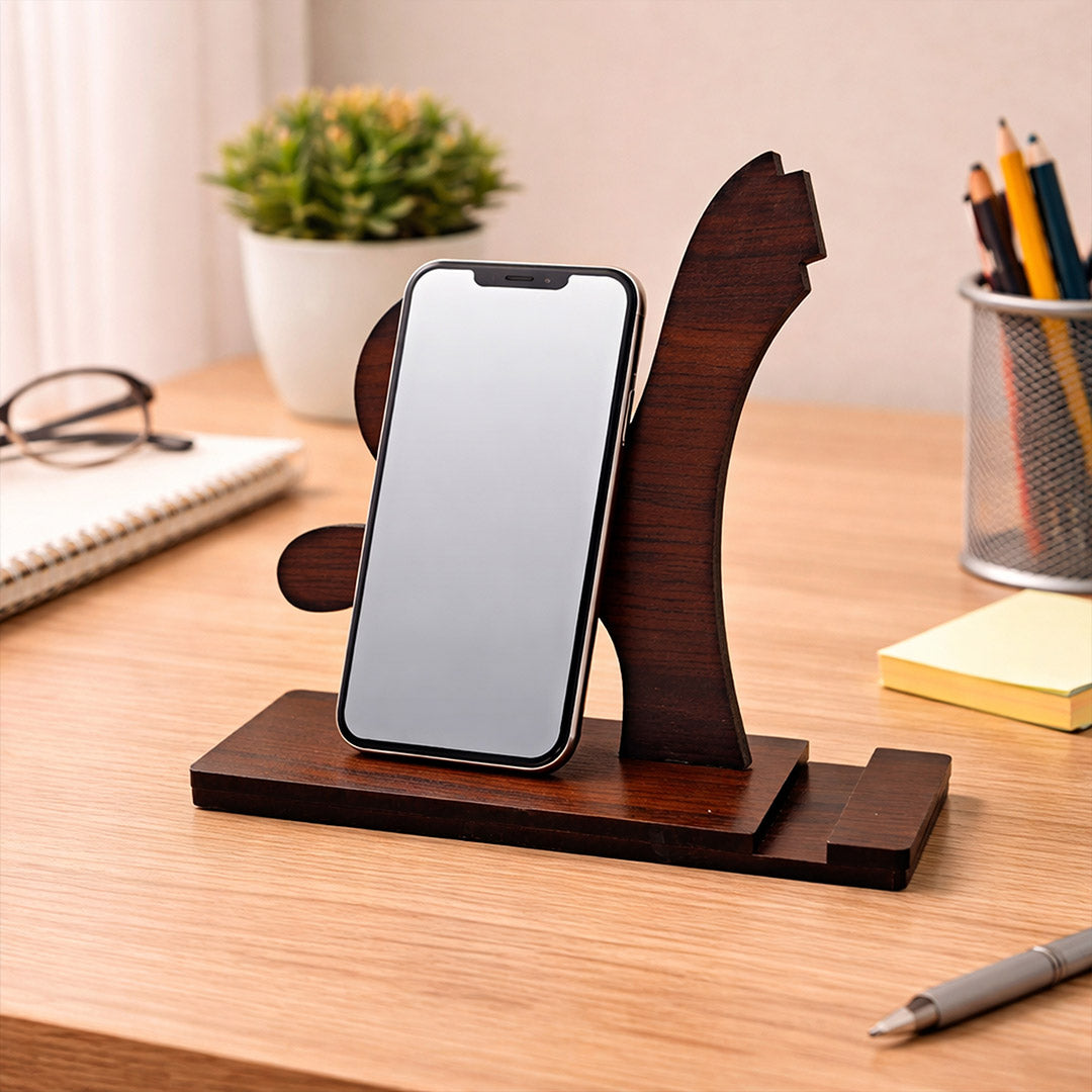 Wooden Mobile Phone Holder & Desk Organizer Stand (5x5 Inch) Premium Wooden Smartphone Stand for Office & Home | Love Craft Gifts