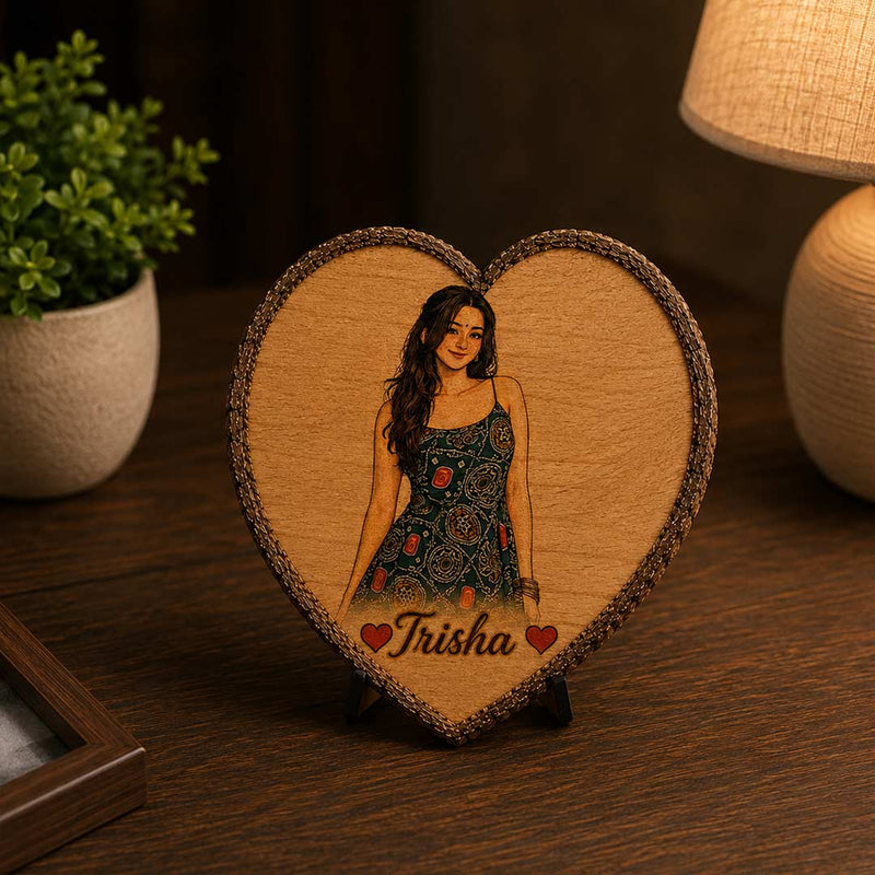 Personalized Wooden Heart Slice Girl Portrait Art | Personalized Wall Décor Gift for Daughter, Sister, Friend & Her | 7x7" | Love Craft Gifts™