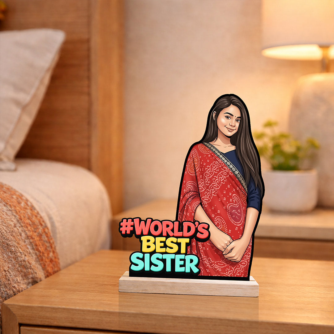 Personalized “World’s Best Sister” Wooden Cartoon Cutout Stand (6x8")