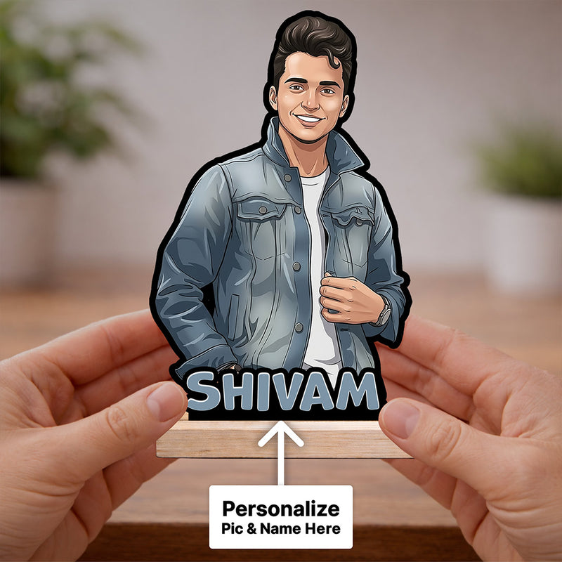 Personalized Cartoon Photo Wooden Table Stand with Name (8 Inch) Custom Portrait Desk Décor Gift for Boyfriend, Husband & Friends | Love Craft Gifts