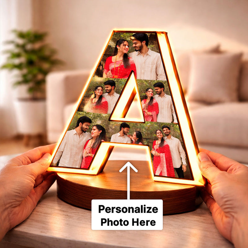 Personalized Alphabet LED Photo Frame (8x8 Inch) Custom Initial Letter Light Frame with Photos Table Top Décor Gift for Couples | Love Craft Gifts
