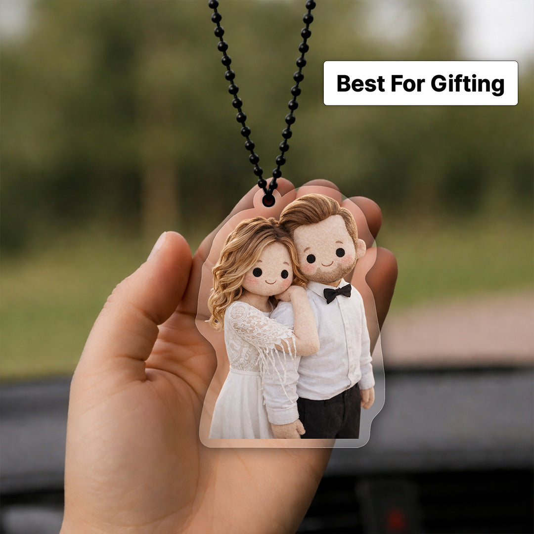 Personalized Cute Couple Cartoon Car Hanging – Custom Photo Acrylic Car Pendant (3 Inch) Romantic Rear View Mirror Hanging Gift for Girlfriend, Boyfriend, Wife & Husband | Love Craft Gifts