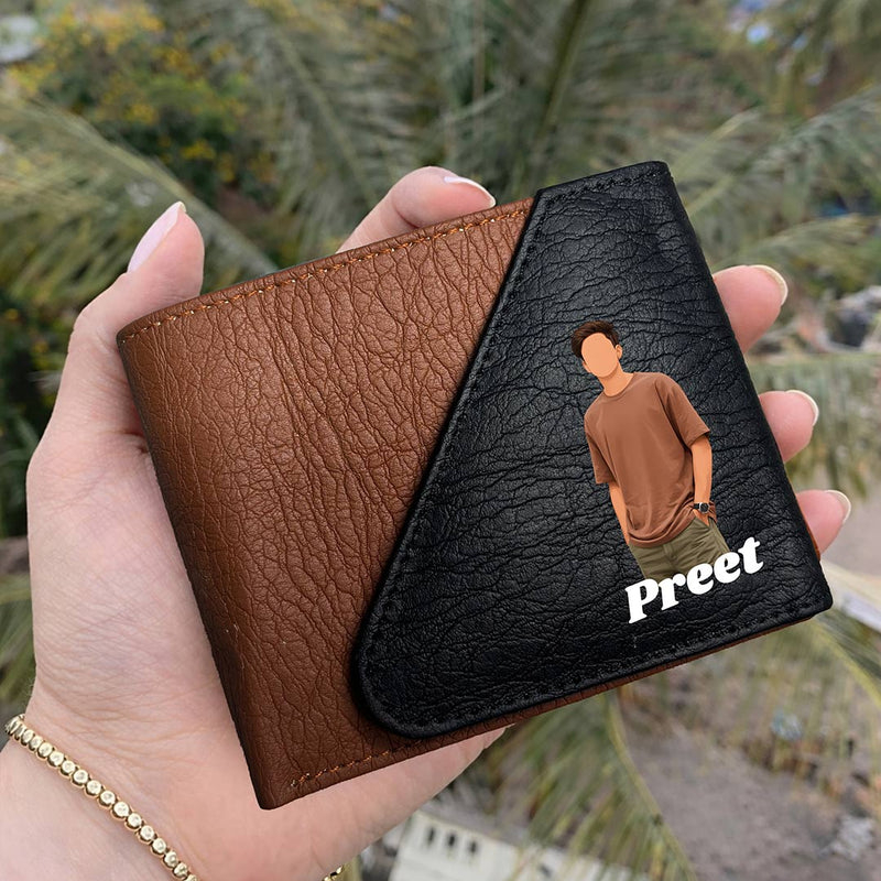 Personalized Men’s Leather Wallet with Cartoon Photo & Name Custom Print Brown Bi-Fold Wallet Gift for Boys, Husband & Boyfriend | Love Craft Gifts