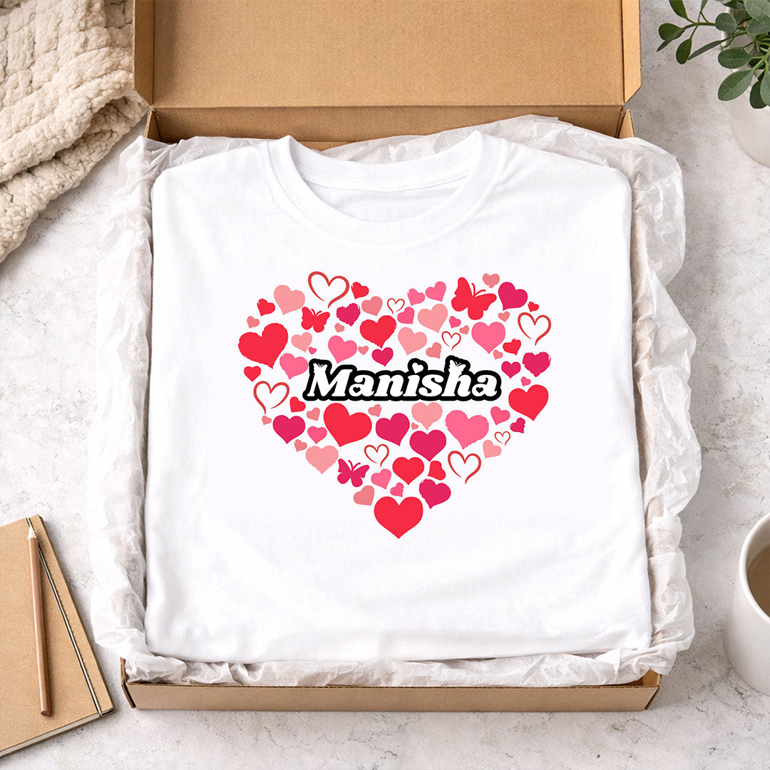 Personalized Heart Name Print White T-Shirt – Custom Love Design Unisex Tee | Love Craft Gifts