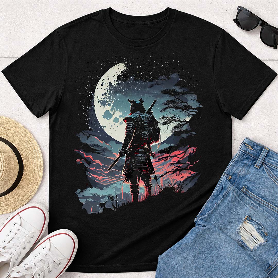 Samurai Moon Warrior Graphic Print Black T-Shirt – Unisex Casual Wear | Love Craft Gifts
