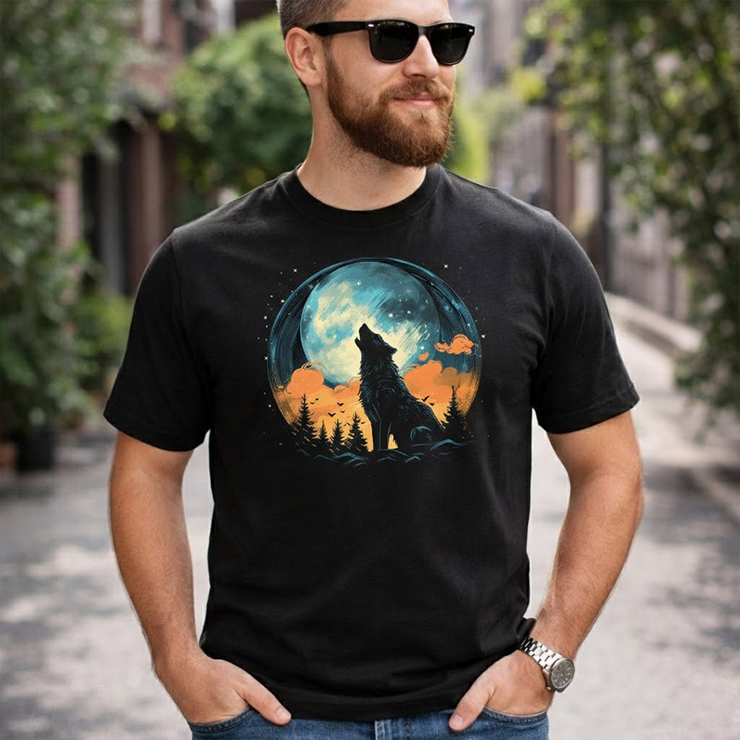 Wolf Roaring Moon Graphic Print Black T-Shirt – Unisex Casual Wear | Love Craft Gifts
