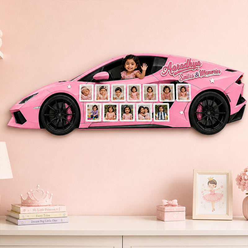 Personalized Baby Lamborghini Car Photo Collage Wall Décor 12×24 Inch | Custom Name & 13 Photo Kids Wall Frame | Love Craft Gifts™