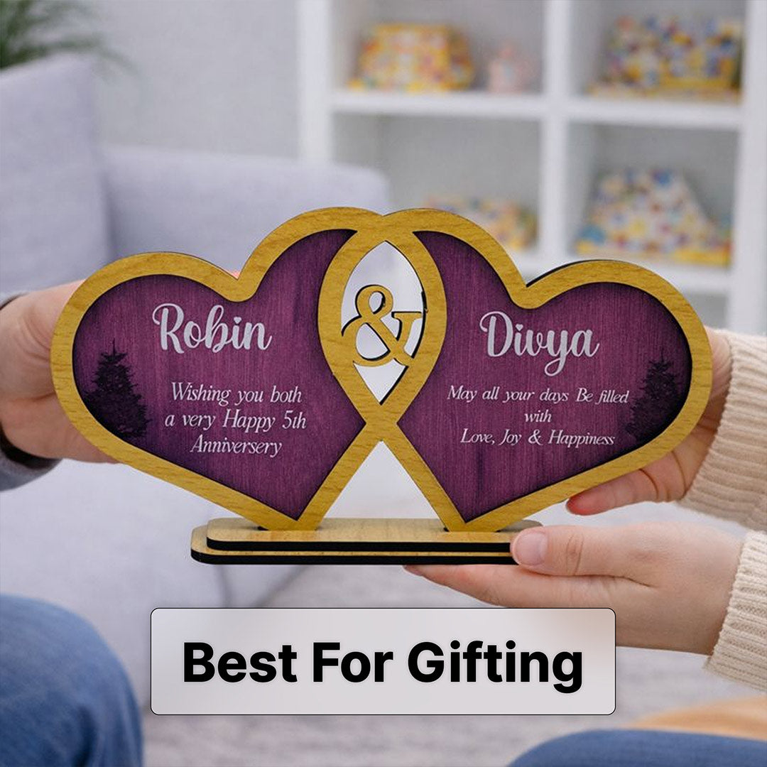 Personalized Double Heart Wooden Name Stand – Couple Gift | Love Craft Gifts