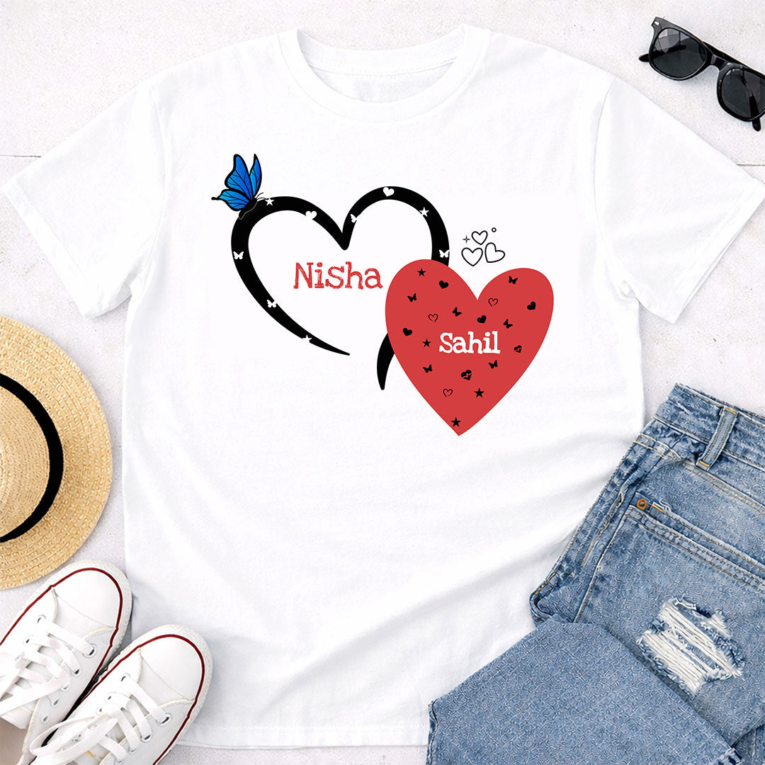 Personalized Couple Heart Name Print White T-Shirt – Unisex Casual Wear | Love Craft Gifts