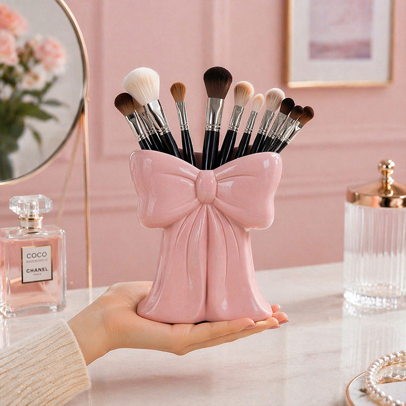 Elegant Bow Makeup Brush Holder – Premium Vanity Organizer for Makeup Brushes & Beauty Tools (Pink & White) | Love Craft Gifts™