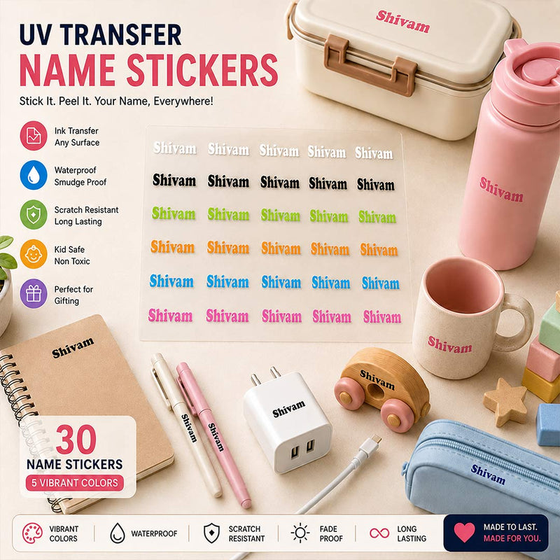 Personalized UV  Ink Transfer Name Stickers | Custom Name Labels for Bottles, Lunch Boxes, Toys & School Accessories