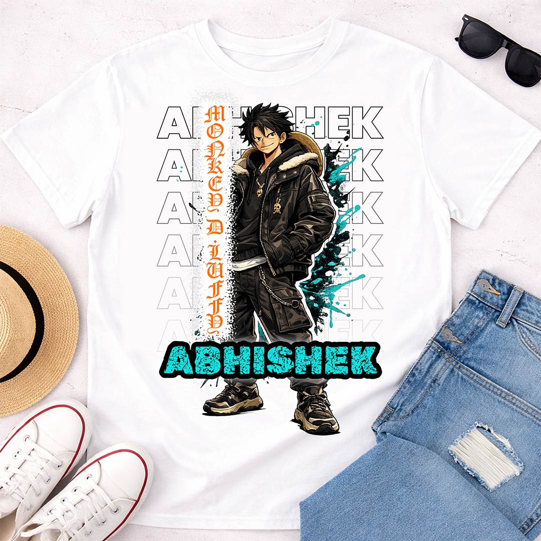 Personalized Monkey D Luffy Anime Name T-Shirt for Men & Women – Custom Printed White Graphic Tee | Love Craft Gifts