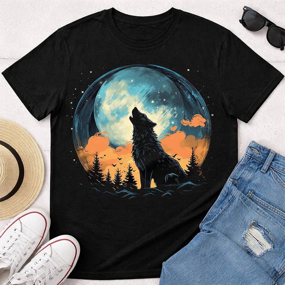 Wolf Roaring Moon Graphic Print Black T-Shirt – Unisex Casual Wear | Love Craft Gifts