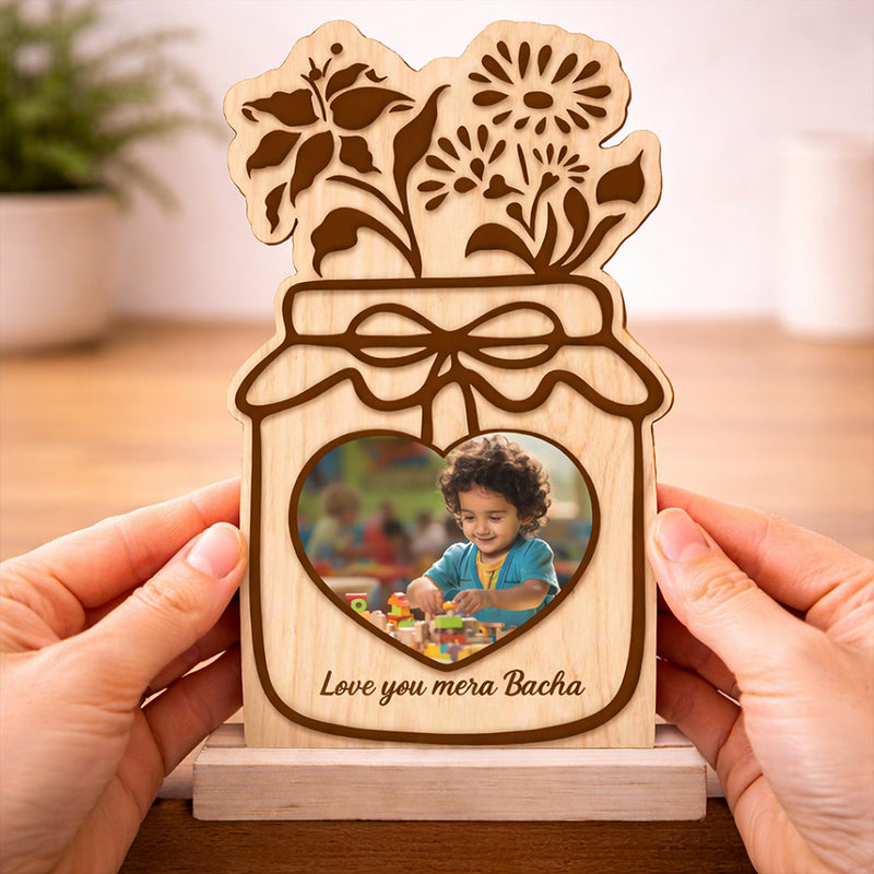 Personalized Wooden Jar Photo Frame for Kids – Custom Baby Photo Stand Gift (8x4 Inch) | Love Craft Gifts