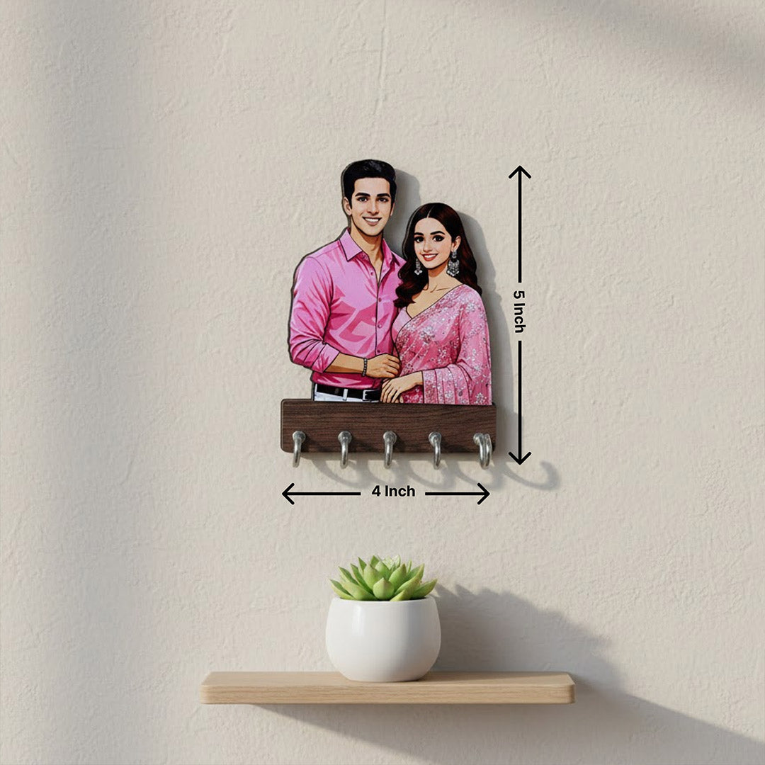 Personalized Couple Cartoon Wooden Key Holder (5×4”) | Love Craft Gifts