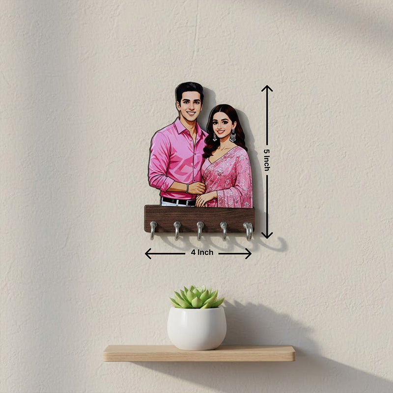 Personalized Couple Cartoon Wooden Key Holder (5×4”) | Love Craft Gifts