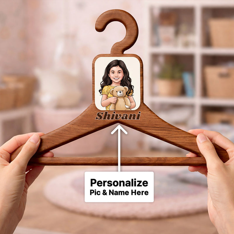 Personalized Kids Wooden Clothes Hanger with Photo & Name (17x9 Inch) Custom Cartoon Hanger for Baby & Kids Wardrobe | Love Craft Gifts