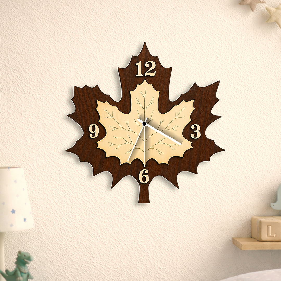 Elegant Maple Leaf Wooden Wall Clock (10x11 Inch) – Premium Decorative Home Clock Gift | Love Craft Gifts™