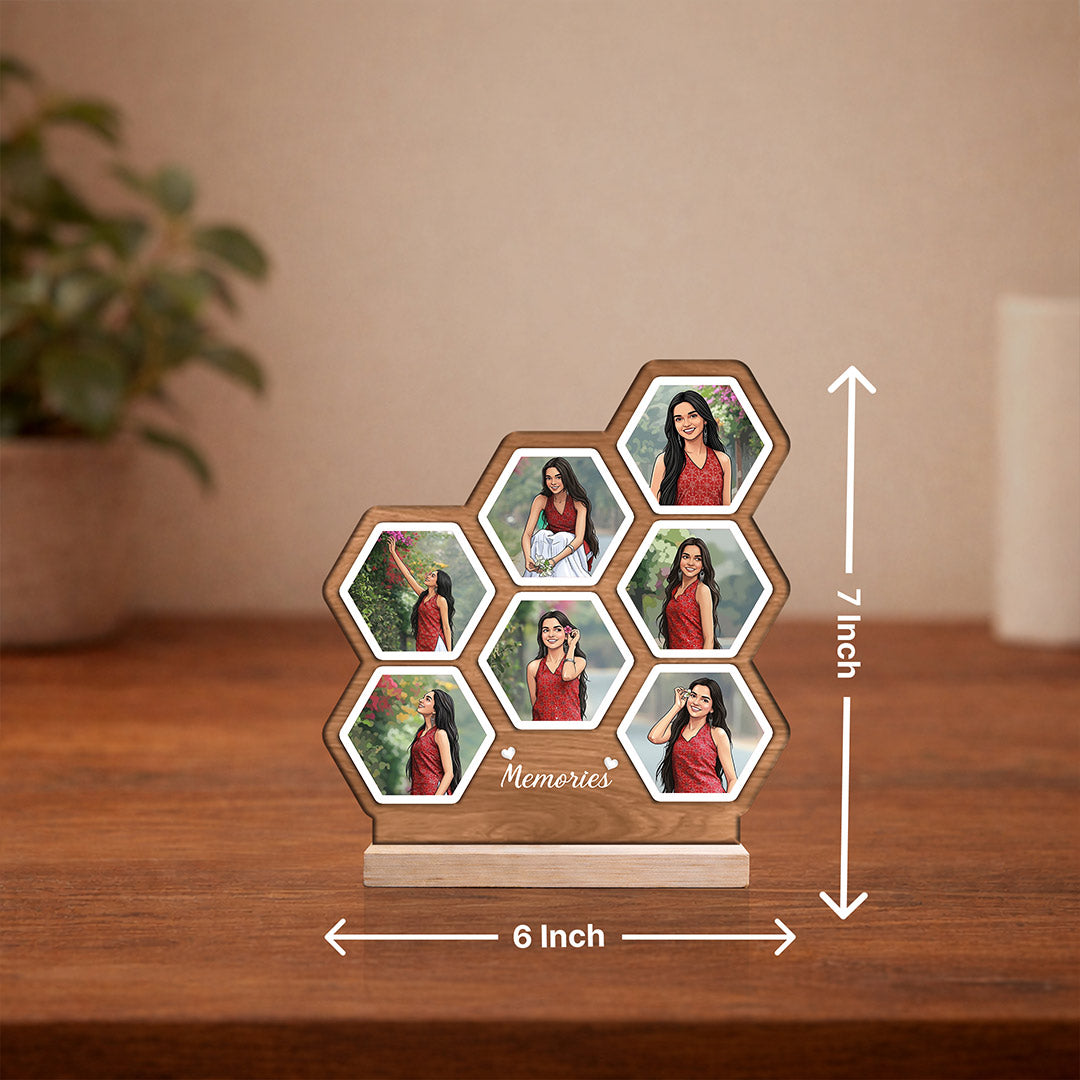 Personalized Hexagon Multi Photo Wooden Table Stand (6x7 Inch) Custom Memories Frame Gift for Girlfriend, Wife & Friends | Love Craft Gifts