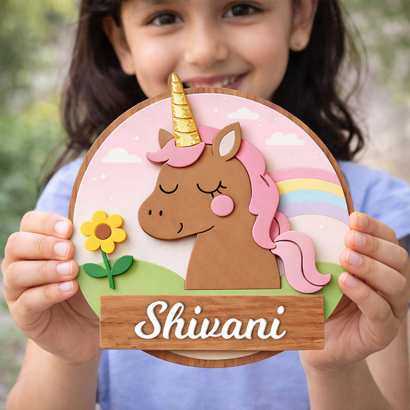 Personalized Kids Unicorn Name Wooden Door Sign Cute Cartoon Wall Decor 10x10" | Love Craft Gifts