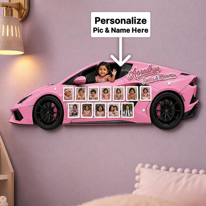 Personalized Baby Lamborghini Car Photo Collage Wall Décor 12×24 Inch | Custom Name & 13 Photo Kids Wall Frame | Love Craft Gifts™