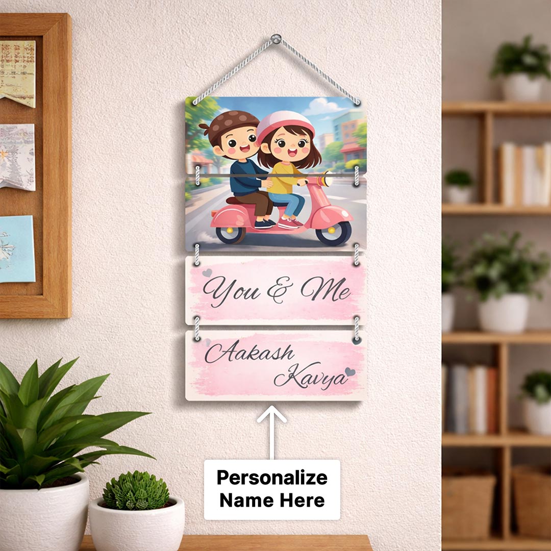 Personalized Couple Cartoon Wooden Wall Hanging – Custom “You & Me” Name Hanging Frame (9×16 Inch) | Love Craft Gifts