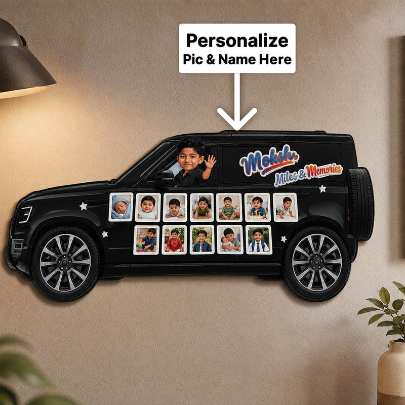 Personalized Baby Defender Car Photo Collage Wall Décor 12×24" | Custom Name & 13 Photo Kids Wall Frame | Love Craft Gifts™