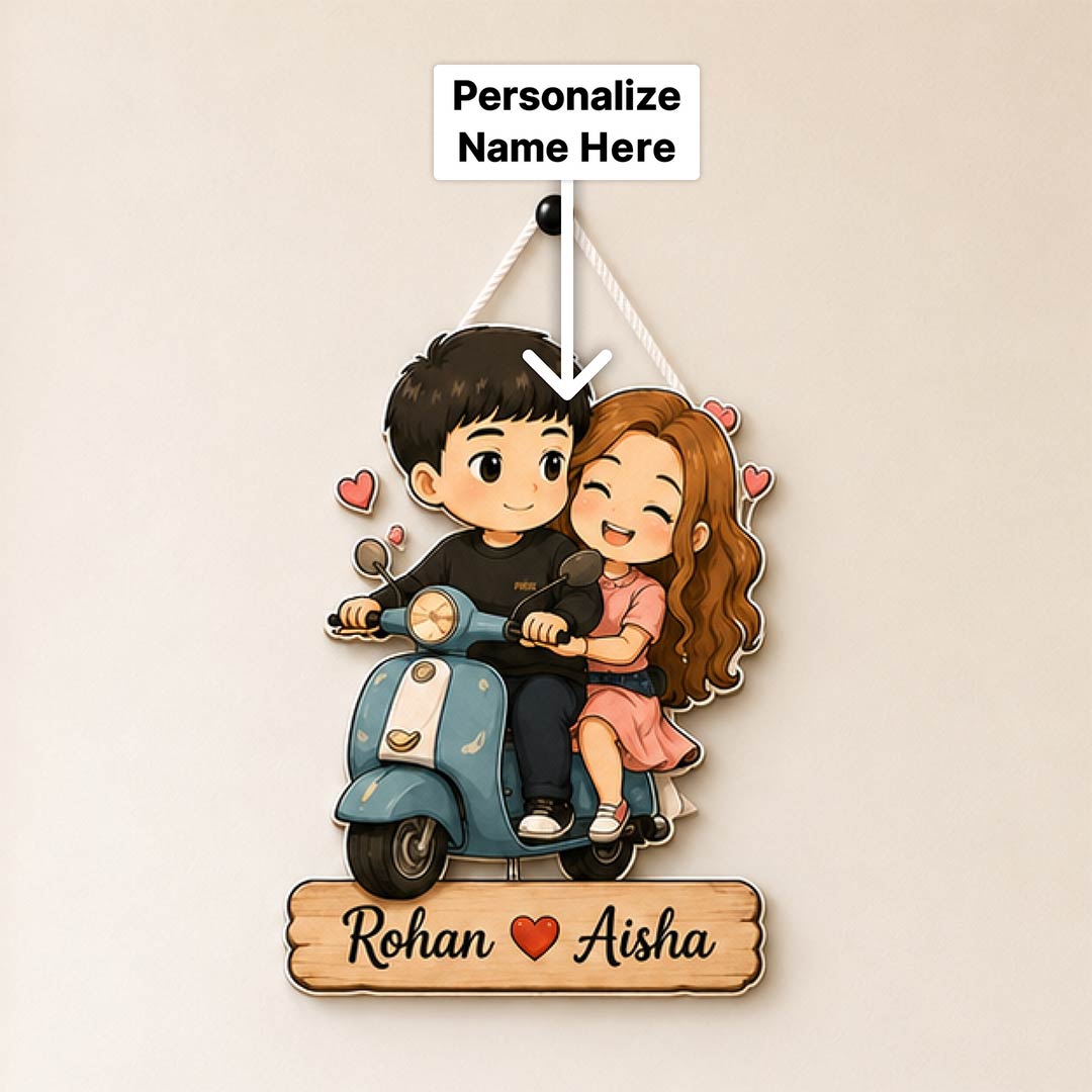 Personalized Couple Scooter Wooden Hanger | Cute Cartoon Couple Wall Décor | Romantic Wooden Hanging Gift | 8x12" | Love Craft Gifts™