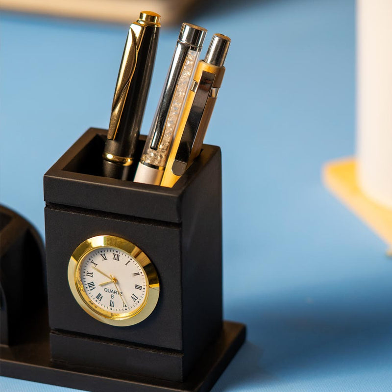 Black Wooden Pen Stand With Clock And Name