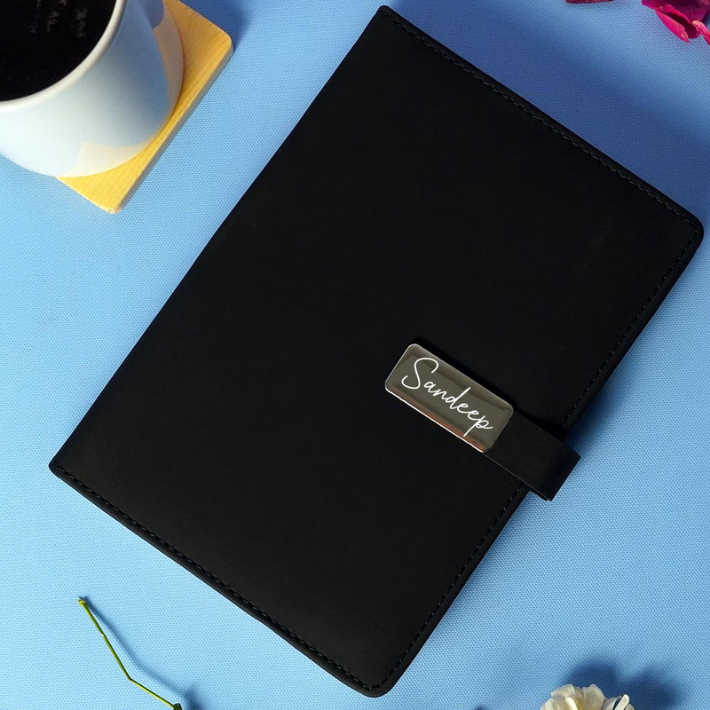 Personalized Black Diary With Flip Strap Closure