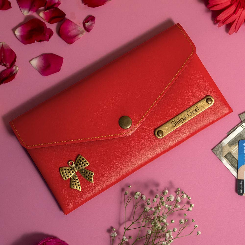 Customized Red Color Ladies Clutch With Name & Charm