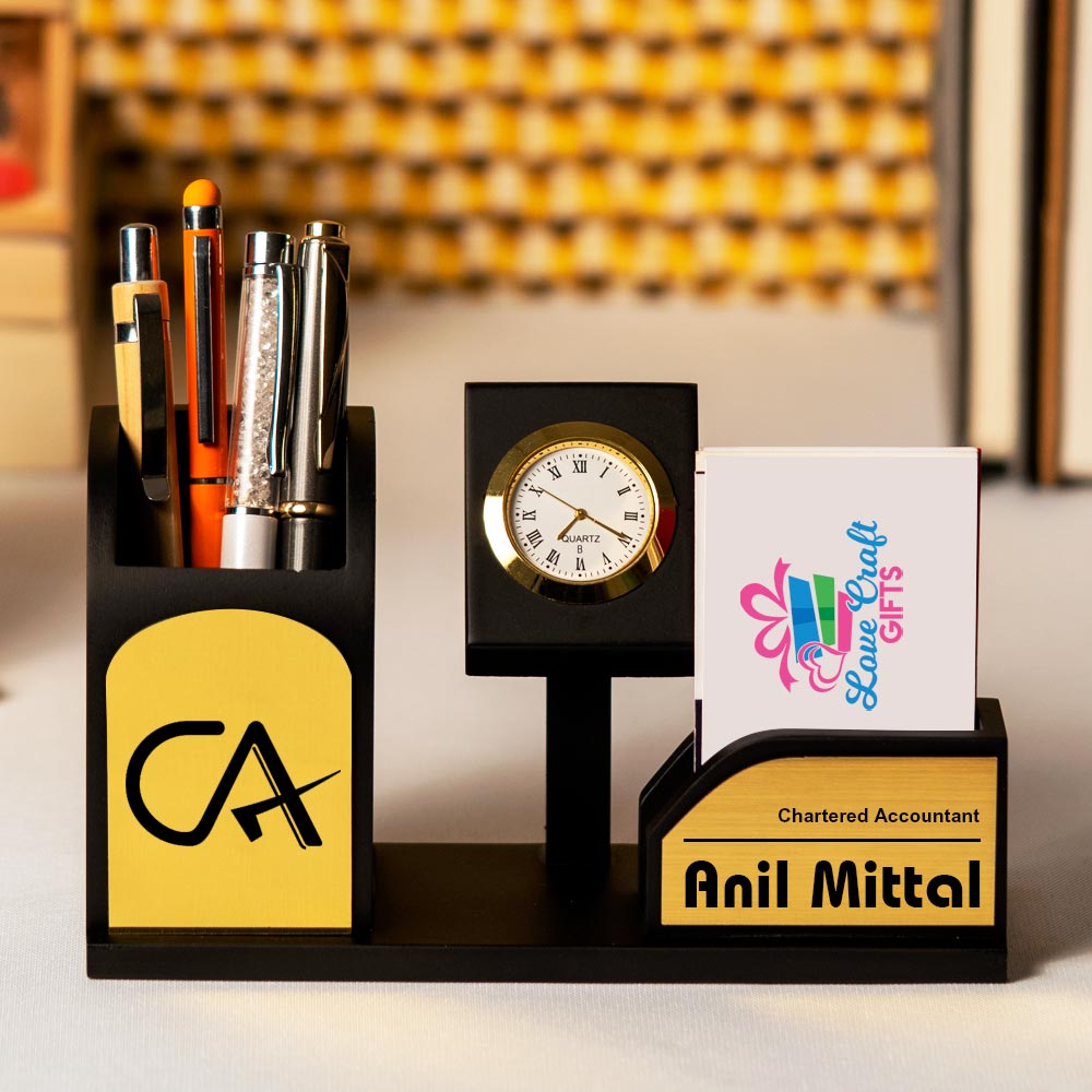 Black Wooden Pen Stand With Clock And Name
