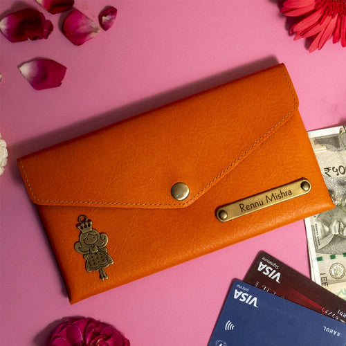 Personalized Orange Color Ladies Clutch With Charm