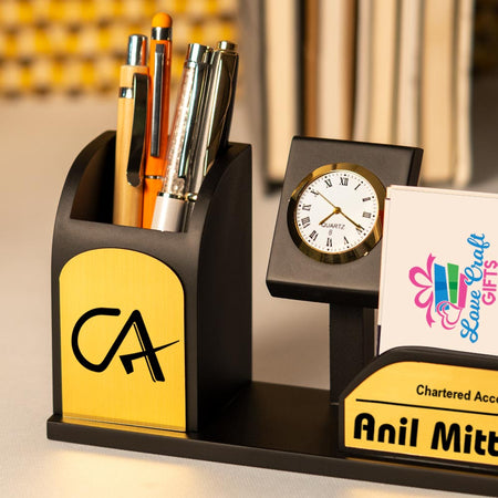 Black Wooden Pen Stand With Clock And Name