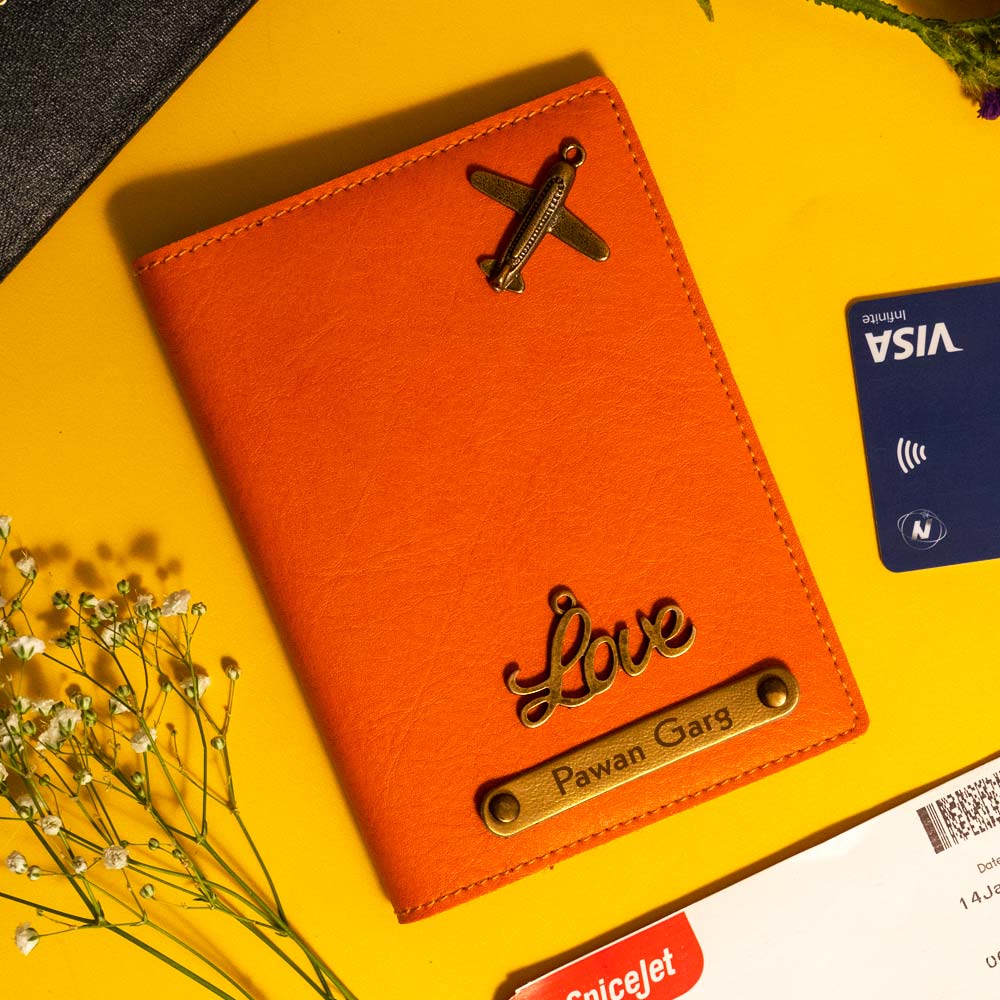 Personalized Orange Leather Passport Cover