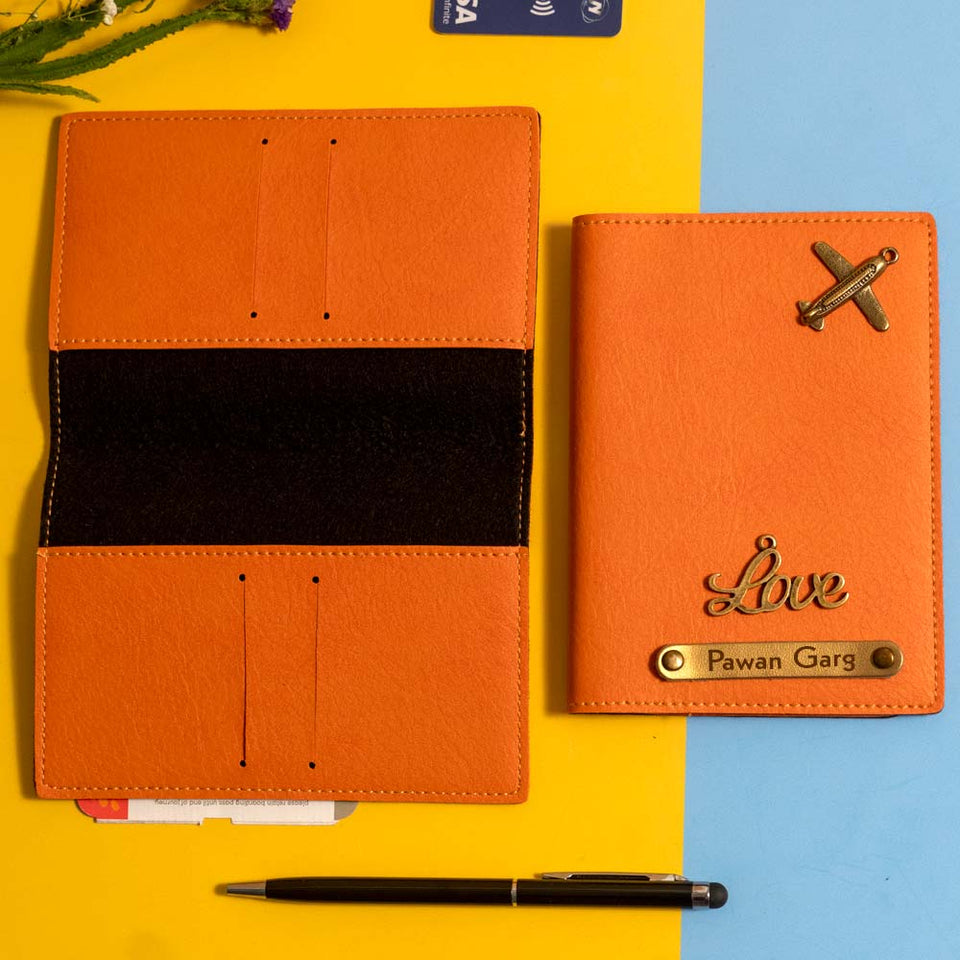 Personalized Orange Leather Passport Cover
