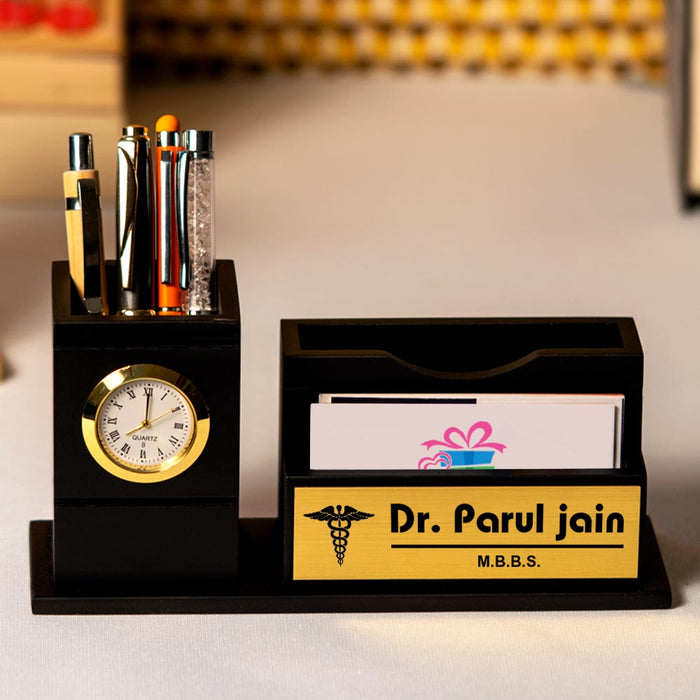 Black Wooden Pen Stand With Clock And Name