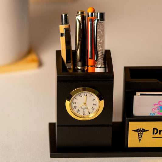 Black Wooden Pen Stand With Clock And Name