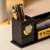 Black Wooden Pen Stand With Clock And Name.