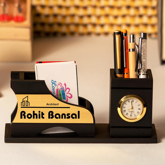 Black Wooden Pen Stand With Clock And Name