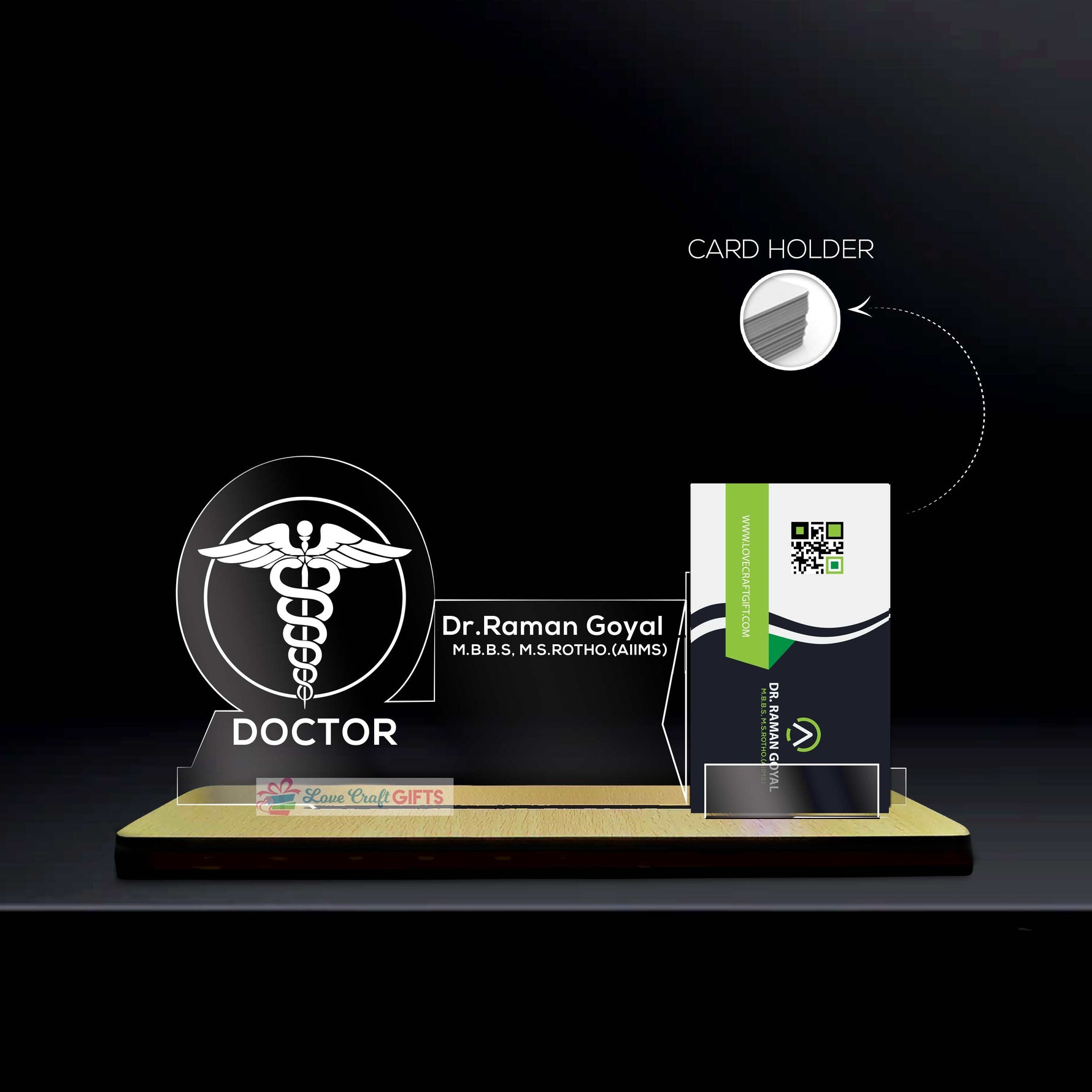 Personalized Doctor LED Visiting Card Holder with Custom Name | Professional Medical Desk Décor Gift for Doctors - 8x6" | Love Craft Gifts™